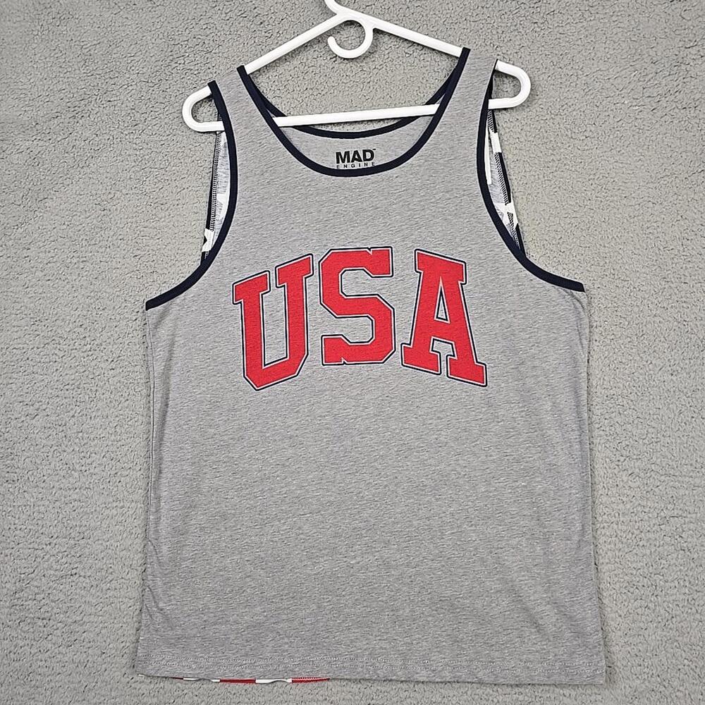 Mad Engine Mens Size Medium Grey Tank Top USA With Cape Patriotic 4th July